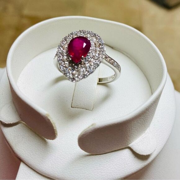 Elegant Red Ruby Teardrop Ring with‎ Double Diamond Halo SS Statement Ring Sz 11 - Picture 1 of 5